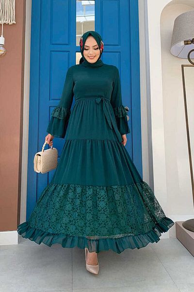 Bym Fashion Φόρεμα με δαντέλα με λεπτομέρεια δαντέλας με λουράκι σιφόν 3584 Emerald