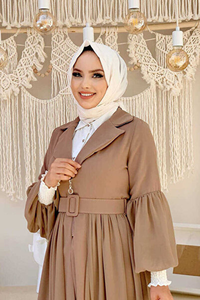 Bym Fashion Belt Accessory Chiffon Detailed Abaya and Underwear Set 8391 Mink