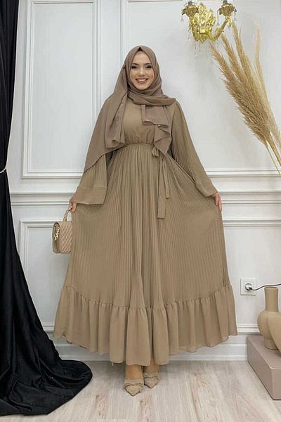 Bym Fashion Φόρεμα από σιφόν με επένδυση 3404-1 Mink με πλισέ βολάν