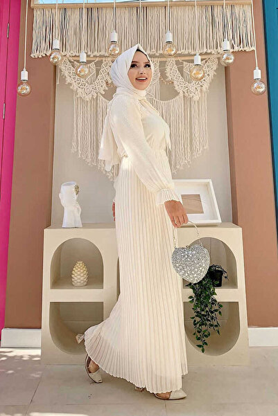 Bym Fashion Pleated Shoulder Part Lace Look Collar Detail Dress 3726 Ecru