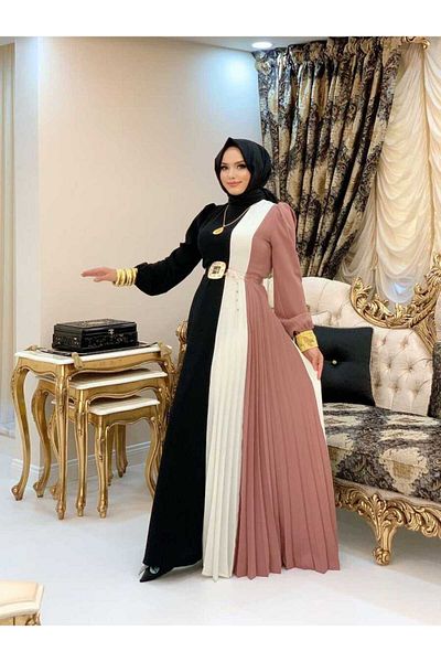 Bym Fashion Τρίχρωμη ζώνη μέσης πιέτες λεπτομέρειας φόρεμα 3622 πούδρα