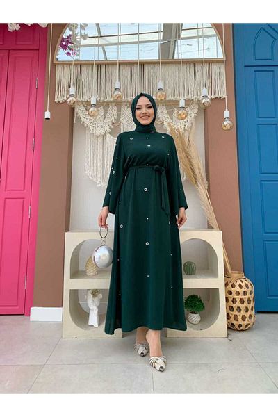Bym Fashion Steindetailliertes Taillengürtelkleid 3797 Smaragd