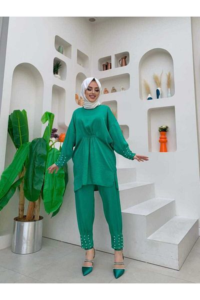 Bym Fashion Διπλό Σετ με λεπτομέρεια μπροστινής συλλογής και λεπτομέρεια κεντήματος με πέρλα 8416 Emerald