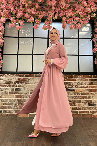 Bym Fashion Belt Accessory Chiffon Detailed Abaya and Dress Set 8391 Powder