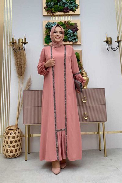 Bym Fashion Stone Detailed Abaya Zero Sleeve Dress Set 3657 Powder