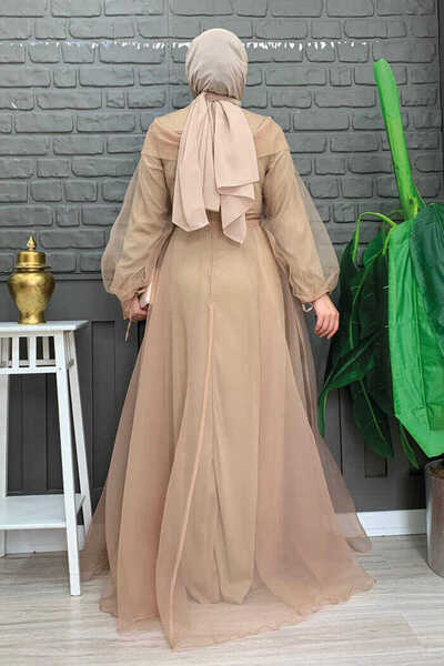 Bym Fashion Βραδινό φόρεμα από τούλι με λεπτομέρεια στη μέση 3964 Mink