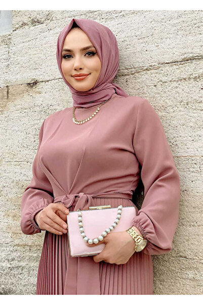 Bym Fashion Skirt Pleated Detailed Waist Belted Sleeve Cuffs Elastic Jumpsuit 3704 Powder