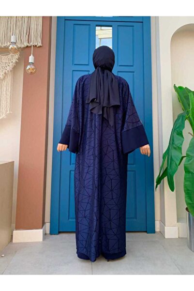 Bym Fashion Lace Abaya Waist Belted Pocket Detailed Jumpsuit Set 3782 Navy Blue