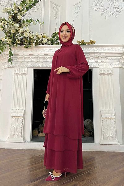 Bym Fashion Layered Look Sleeve Cuffs Elastic Chiffon Dress 3060 Claret Red