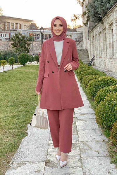 Bym Fashion Σετ κοντό σακάκι παντελόνι με κουμπιά 8352 αποξηραμένο τριαντάφυλλο