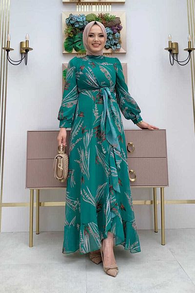 Bym Fashion Σχέδιο φύλλου Φόρεμα σιφόν λεπτομέρειας βολάν 3842 σμαραγδί