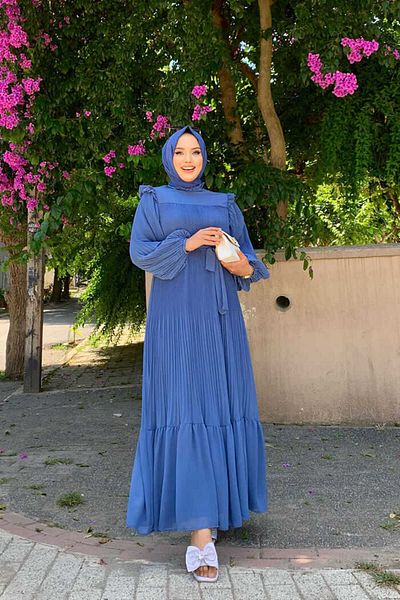 Bym Fashion Pleated Ruffle Look Chiffon Dress with Waist Belt 3628 Indigo