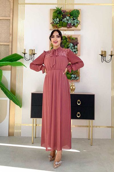 Bym Fashion Φόρεμα με πλισέ ώμο Δαντελένιο γιακά με λεπτομέρεια 3726 αποξηραμένο τριαντάφυλλο