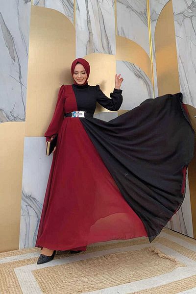 Bym Fashion Two Color Chiffon Waist Belt Accessory Evening Dress 3806 Claret Red