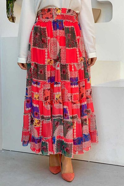 Bym Fashion Φούστα σιφόν με μοτίβο με λεπτομέρειες με χοντρή μέση 1182 φούξια