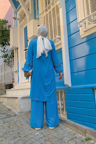 Bym Fashion Stone Embroidery Detailed Tunic Suit with Trousers 8464 Blue