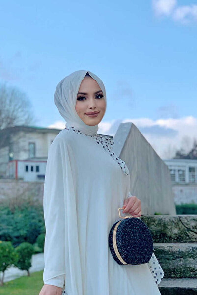 Bym Fashion Spotted Collar Detail Chiffon Cape Dress Set 3643 Ecru