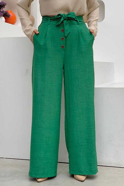 Bym Fashion Button Detailed Waist Tied Pocket Loose Trousers 0275 Emerald