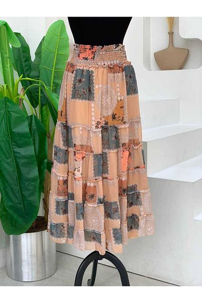 Bym Fashion Φούστα σιφόν με μοτίβο με λεπτομέρειες με χοντρή μέση 1182 Mink