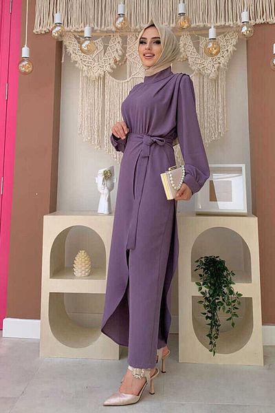 Bym Fashion Stück Detaillierte Schultern Falten Detail Taille Gürtel Overall 3742 Flieder