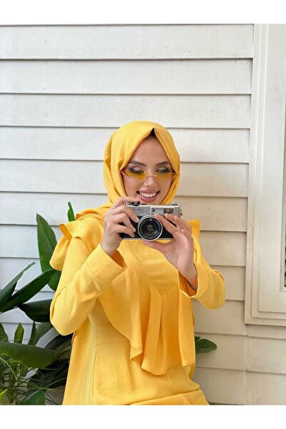 Bym Fashion Shoulder Part Ruffle Cloak Detailed Back Zip Jumpsuit 3780 Yellow