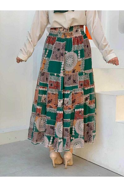 Bym Fashion Φούστα σιφόν με μοτίβο με λεπτομέρειες με χοντρή μέση 1182 Emerald