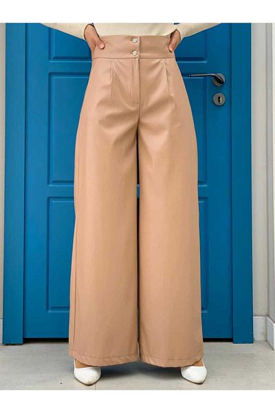 Bym Fashion Λεπτομερές δερμάτινο παντελόνι τσέπης με φερμουάρ 0253 Mink