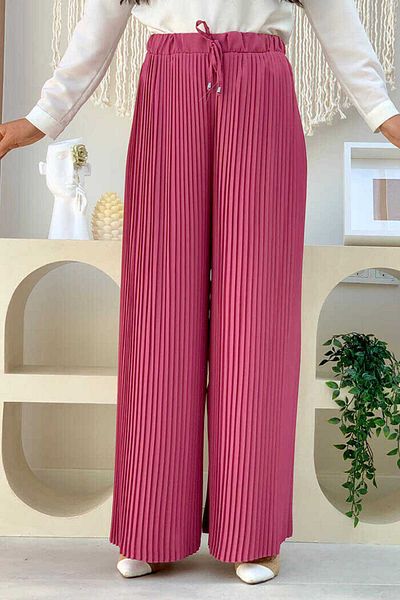 Bym Fashion Ελαστική μέση με κορδόνια με πλισέ παντελόνι 0129 Dusty Rose