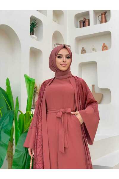 Bym Fashion Lace Abaya Waist Belted Pocket Detailed Jumpsuit Set 3782 Dried Rose
