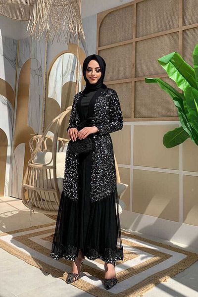 Bym Fashion Λεπτομέρεια κέντημα τούλι με παγιέτα Abaya 7376 Ασημί