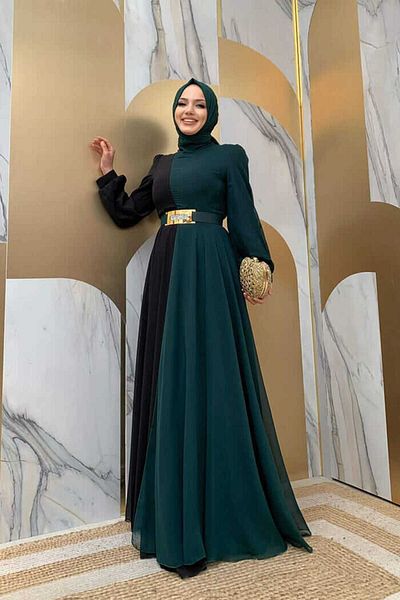 Bym Fashion Βραδινό φόρεμα 3806 σμαραγδί, δίχρωμη ζώνη μέσης από σιφόν