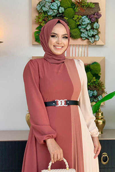 Bym Fashion Trojfarebné plisované šaty v páse 3622 Dried Rose