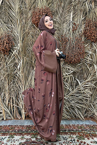 Bym Fashion Mintás Abaya sima zsebrészlet, öves nulla ujjú jumpsuit szett 8312 barna