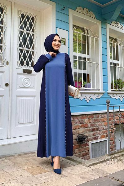 Bym Fashion Φόρεμα δίχρωμο με στάμπα πέτρας 3848 Navy Blue