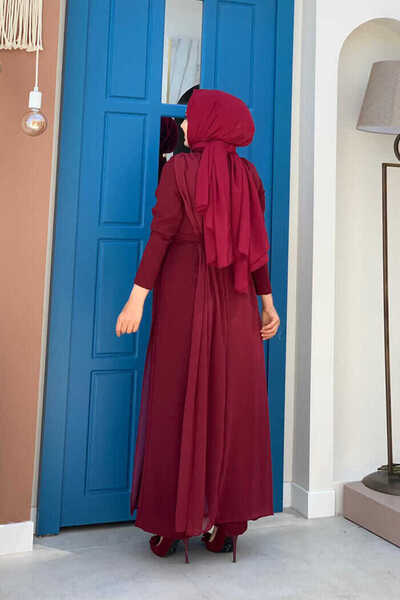 Bym Fashion Chiffon Cloak Detail Waist Belted Jumpsuit 3330 Claret Red
