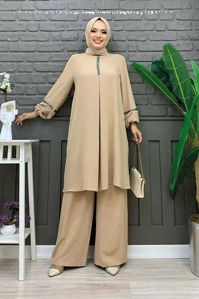 Bym Fashion Πέτρα Κέντημα Λεπτομερής τουνίκ Κοστούμι με Παντελόνι 8464 Πέτρα