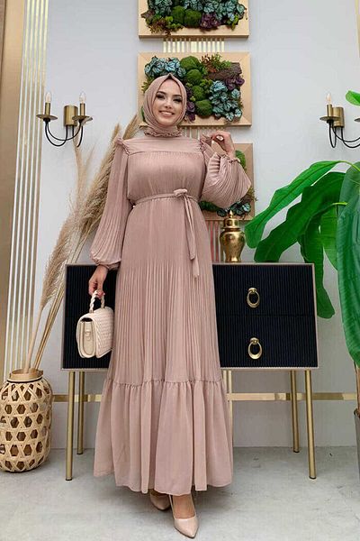Bym Fashion Φόρεμα σιφόν με πλισέ λουκ με ζώνη 3628 πέτρα