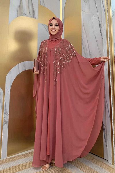 Bym Fashion Βραδινό φόρεμα φόρεμα σιφόν κάπα με πέτρα κεντημένο σχέδιο 3773 αποξηραμένο τριαντάφυλλο