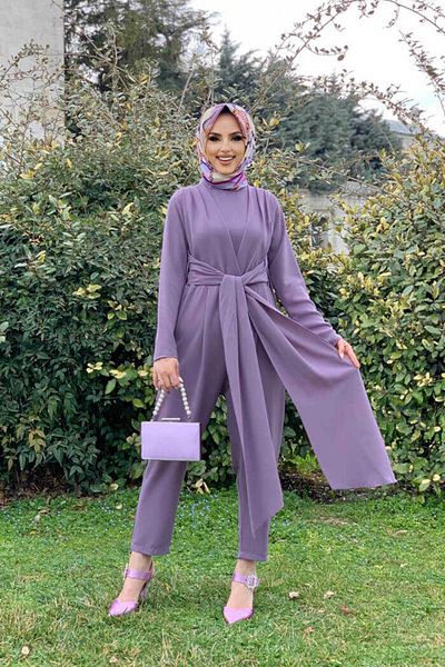 Bym Fashion بذلة بتفاصيل ربطة الخصر ونصف الحلق 3672 أرجواني
