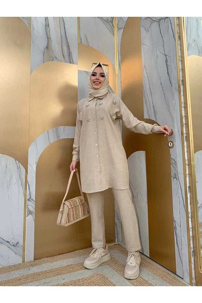 Bym Fashion Πέτρινη Διπλή φόρμα με κουμπιά και παντελόνι 8404 Mink