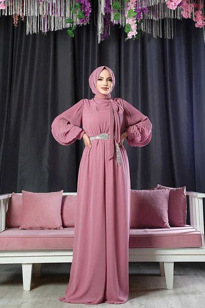 Bym Fashion Ολόσωμη φόρμα σιφόν 3507 σε σκόνη με πλισέ με μανίκια και γιακά