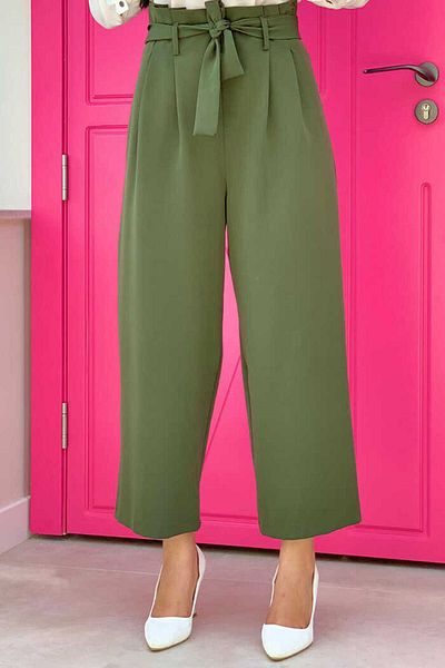 Bym Fashion Παντελόνι με κορδόνια με φερμουάρ στη μέση 0174-1 Χακί