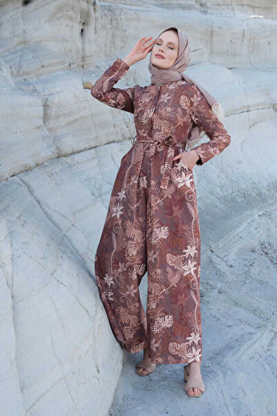 Bym Fashion Ολόσωμη φόρμα 3486 Καφέ με στάμπα ζωνισμένη με κρυφά κουμπιά στη μέση