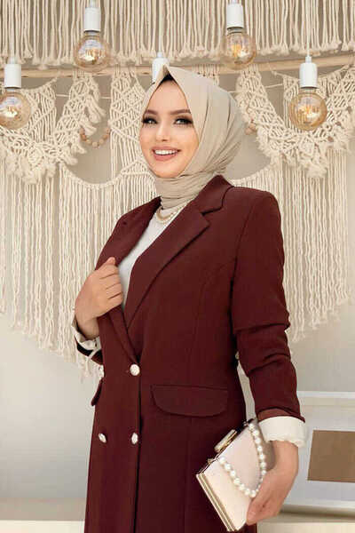 Bym Fashion Pocket and Button Look Long Jacket Pants Set 8357 Brown