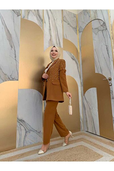 Bym Fashion Pearl Detailed Jacket and Trousers Suit 8406 Tan
