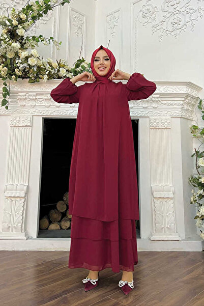 Bym Fashion Layered look Μανίκια Φόρεμα σιφόν ελαστικό 3060 Claret Red