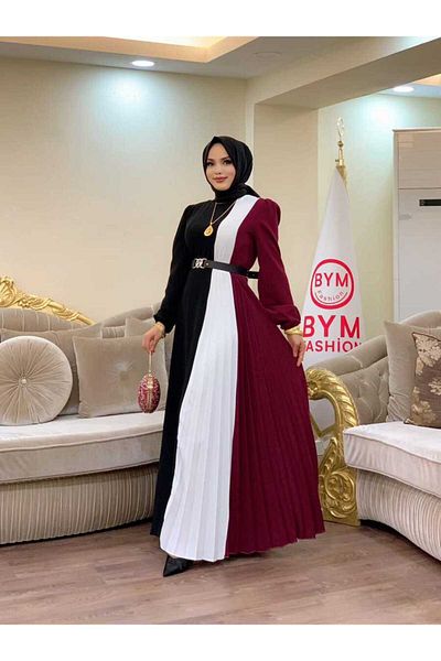 Bym Fashion Τρίχρωμη ζώνη μέσης πιέτες λεπτομέρειας Φόρεμα 3622 Claret Red