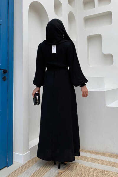 Bym Fashion Skládané šaty v pase s rukávem 3831 černé