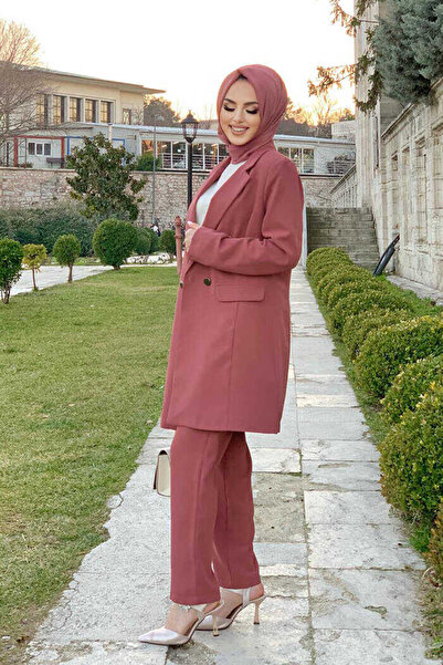 Bym Fashion Button Detailed Short Jacket Trousers Set 8352 Dried Rose