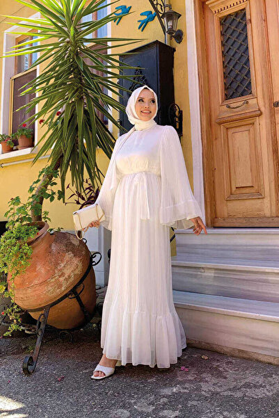 Bym Fashion Pleated Ruffle Look Lined Chiffon Dress 3404 Ecru